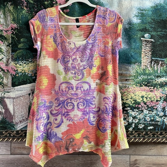 Ing Ladies Floral Beaded Top, Size Small, Orange Floral Multicolor - Picture 3 of 9